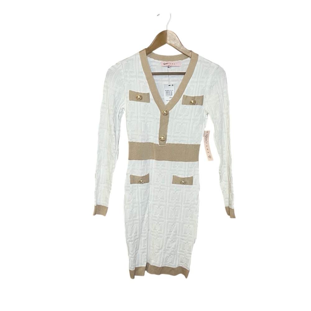 NWT Almost Famous Ivory Long Sleeve S Dress Jacquered Textured V Neck Bodycon